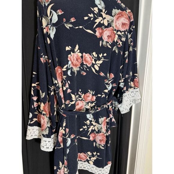 Pink Blush Open XL Dark Floral Oversized Kimono Lace Trim Spring Fairy Cottage - Picture 7 of 8